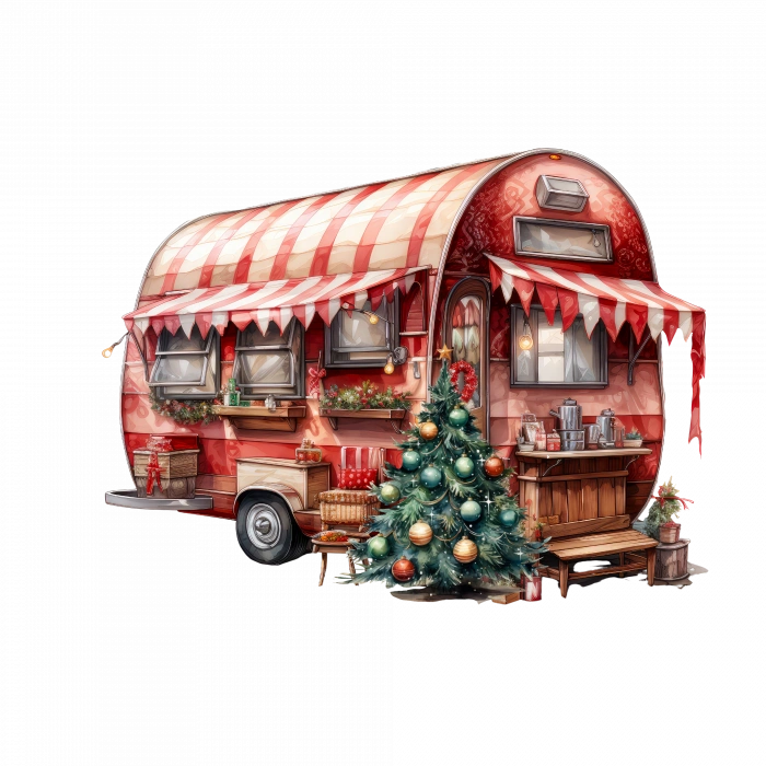 Kırmızı-Beyaz Tenteli ve Noel Ağaçlı Karavan Duvar Çıkartması