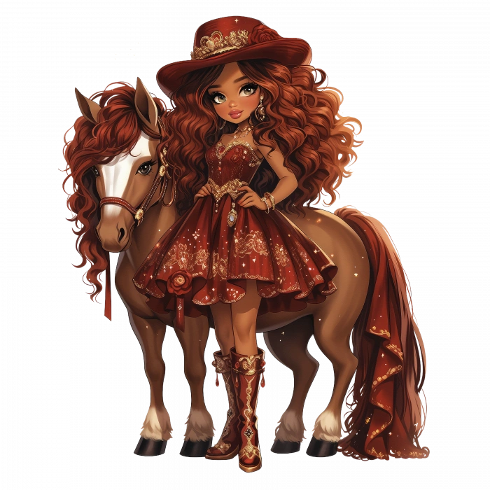 Kırmızı Elbiseli ve Şapkalı Şık Kovboy Kız Duvar Stickerı