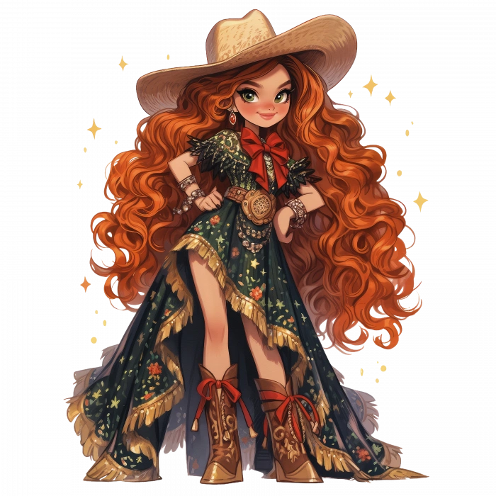 Kırmızı Fiyonklu Koyu Yeşil Elbiseli Kovboy Kız Duvar Stickerı