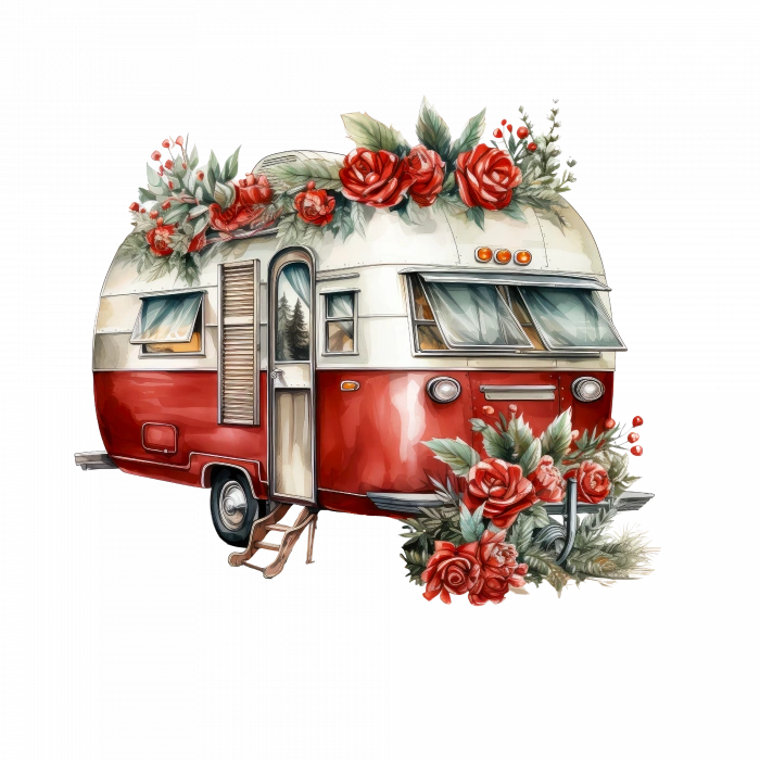 Kırmızı Gül Çelenkli Vintage Karavan Duvar Çıkartması