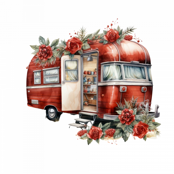 Kırmızı Güllerle Çevrili Vintage Karavan Duvar Çıkartması