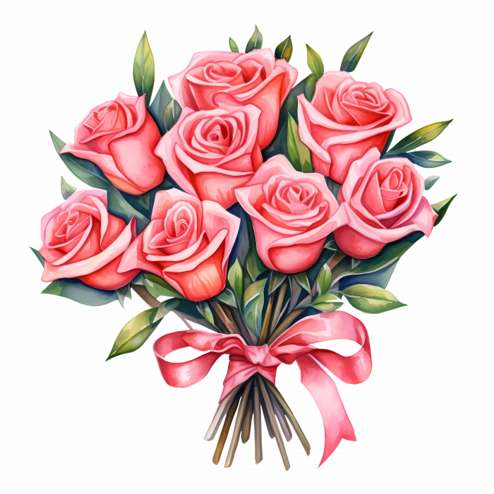 Kırmızı Kurdeleli Pembe Gül Buketi Duvar Stickerı