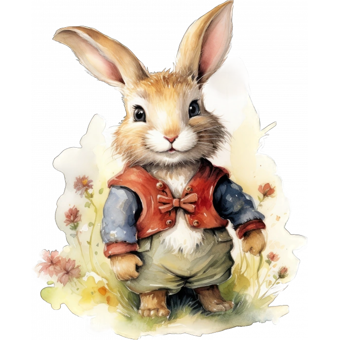 Kırmızı Papyonlu ve Çiçekli Tavşan Duvar Stickerı