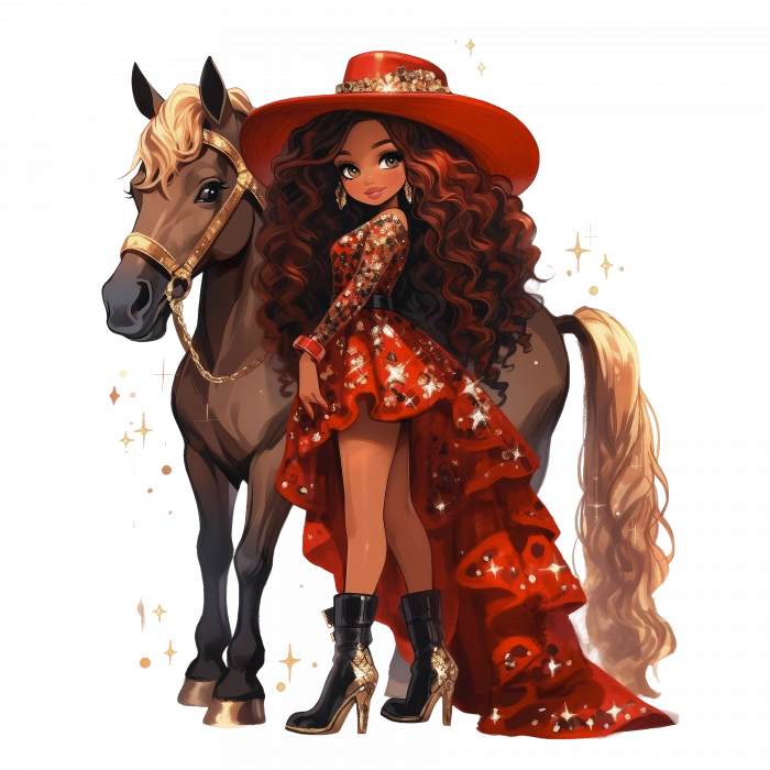 Kırmızı Şapkalı ve Uzun Kırmızı Elbiseli Kovboy Kız Duvar Stickerı