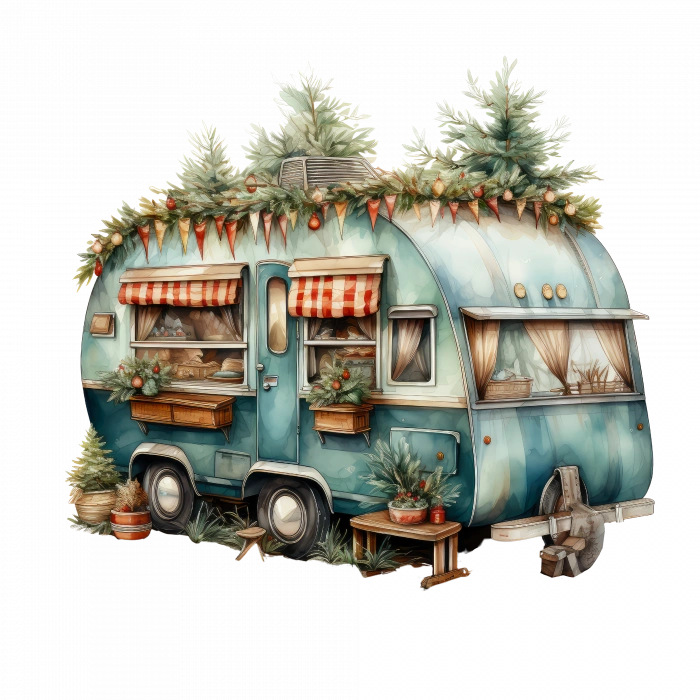 Kırmızı Tavanlı Çam Ağaçlı Karavan Stickerı