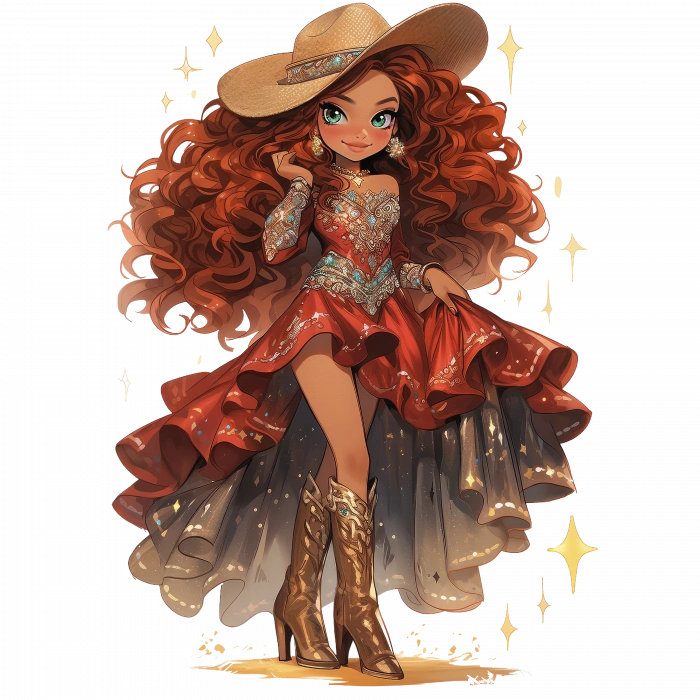 Kırmızı ve Altın Elbiseli Göz Alıcı Kovboy Kız Duvar Stickerı