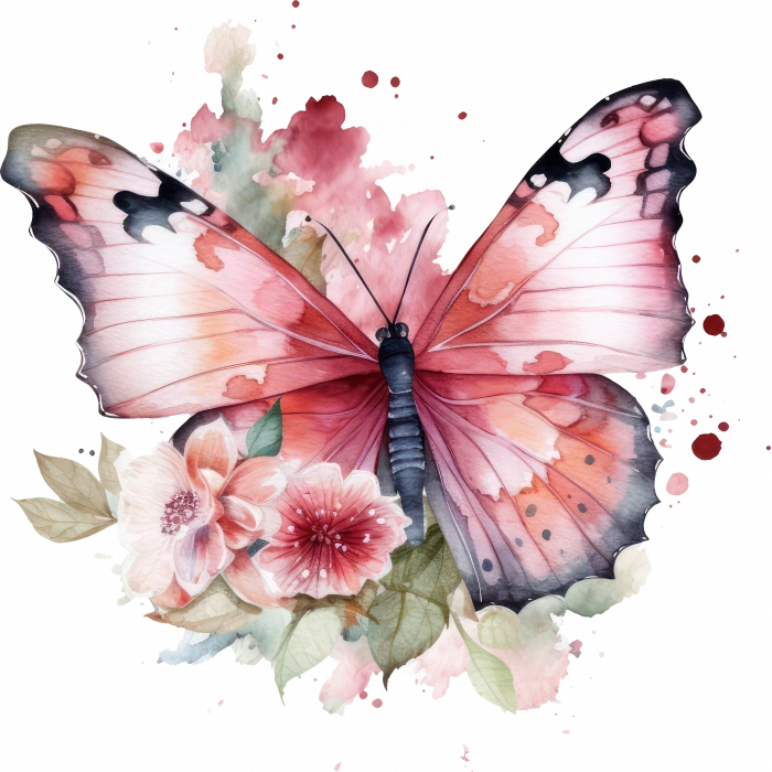 Kırmızımsı Pembe Kelebek ve Çiçekler Duvar Stickerı