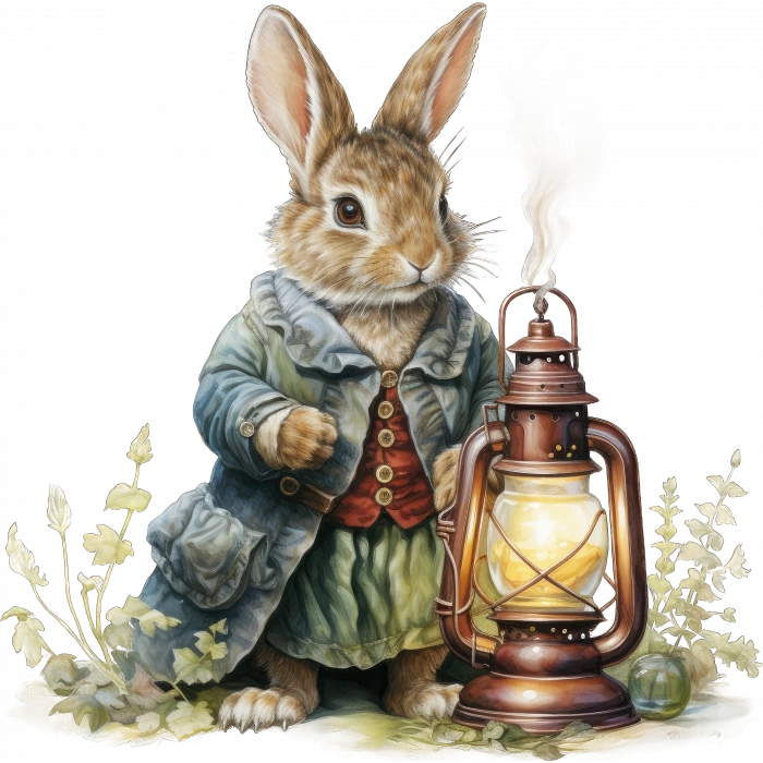 Kıyafetli ve Fenerli Tavşan Duvar Stickerı - Mavi Tonlar