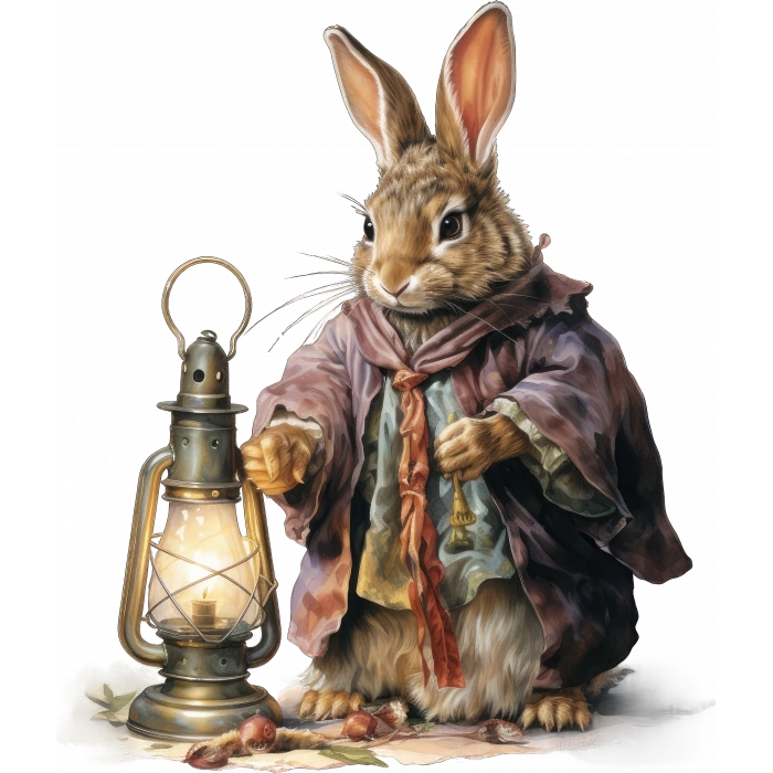 Kıyafetli ve Fenerli Tavşan Duvar Stickerı - Mor Tonlar