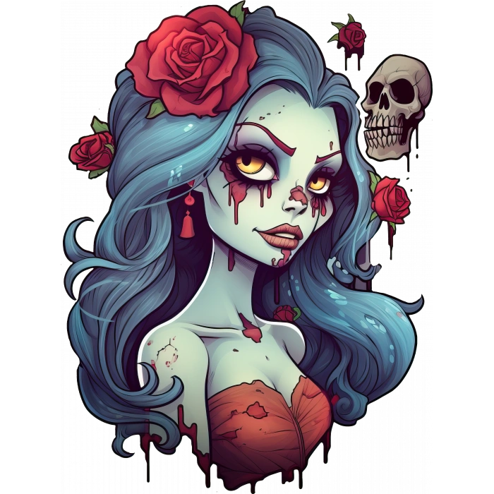 Kızıl Güllü ve Kafataslı Zombi Kız Duvar Stickerı