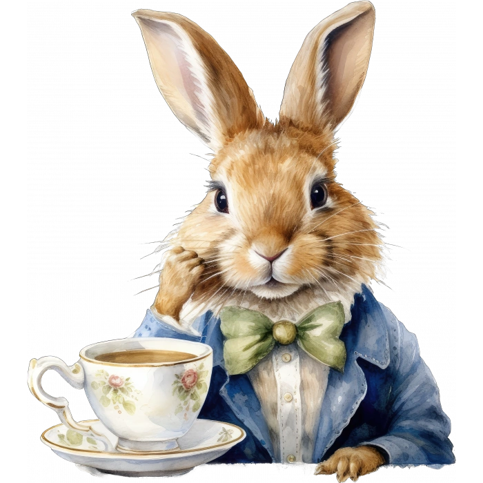 Kravatlı Tavşan ve Çay Fincanı Duvar Stickerı - Yeşil Kravatlı