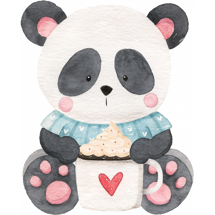 Kremalı Kahve Tutan Mavi Kazaklı Panda Duvar Stickerı