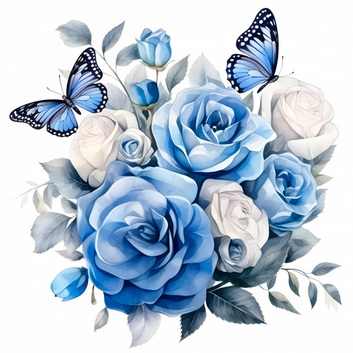 Mavi, Beyaz Güller ve Kelebekler Duvar Stickerı