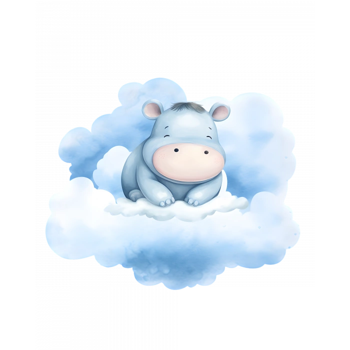 Mavi Bulut Üzerinde Oturan Sevimli Su Aygırı Duvar Çıkartması