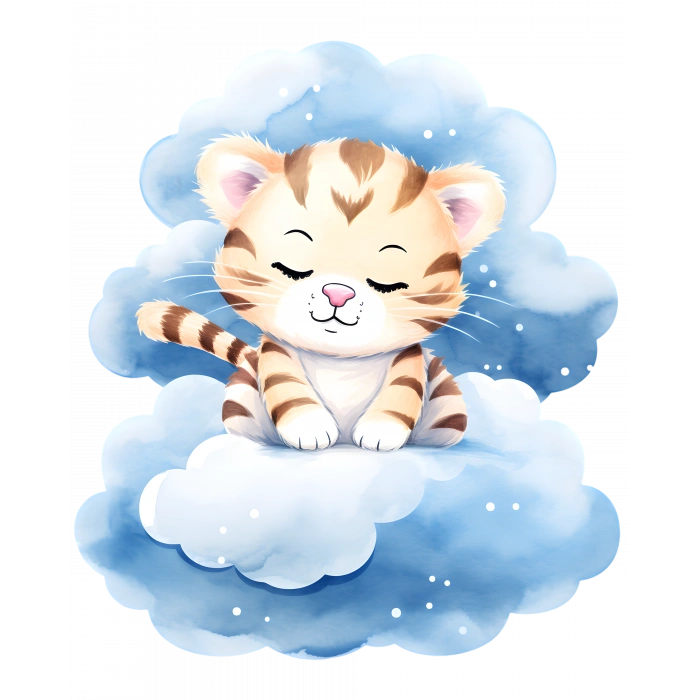Mavi Bulut Üzerinde Uyuyan Sevimli Kaplan Yavrusu Duvar Çıkartması