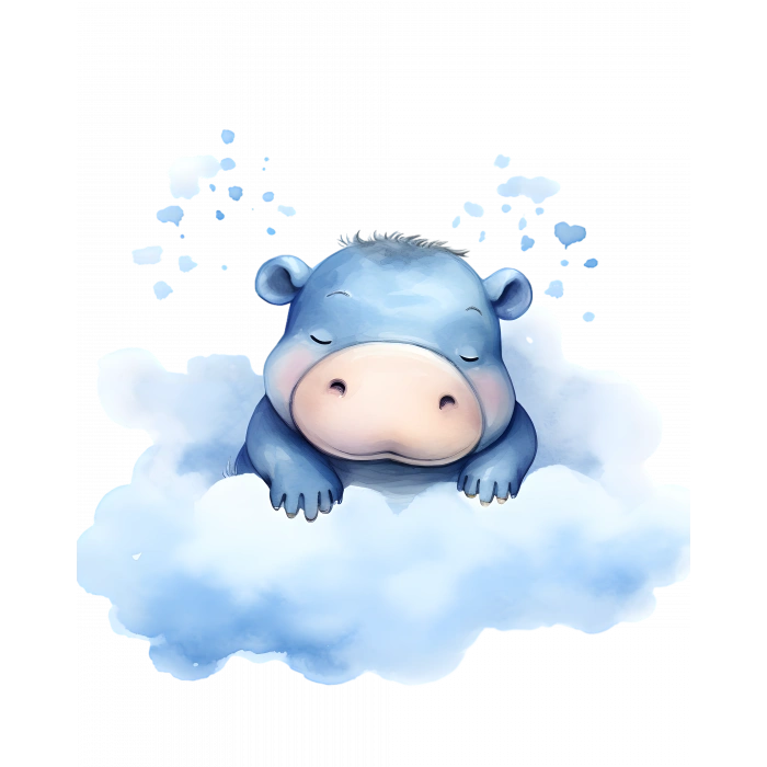 Mavi Bulutlar Arasında Uyuyan Sevimli Su Aygırı Duvar Çıkartması