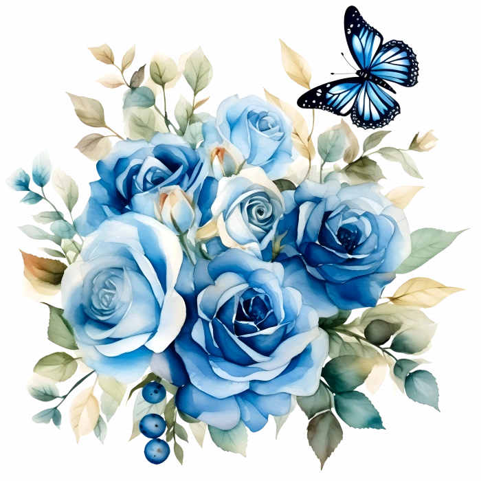 Mavi Güller ve Kelebek Duvar Stickerı (Küçük Kelebek)