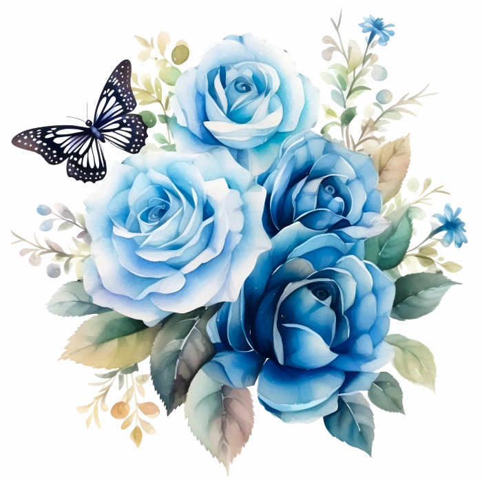 Mavi Güller ve Kelebek Duvar Stickerı (Siyah Detaylı Kelebek)