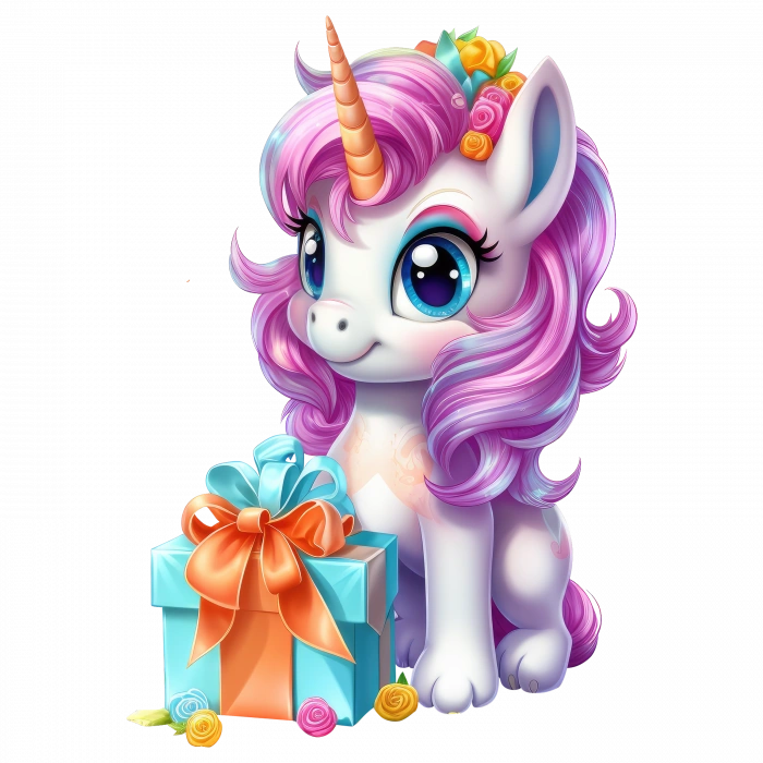 Mavi Hediyeli ve Mor Yeleli Tek Boynuzlu At Duvar Stickerı