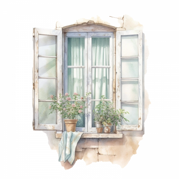 Mavi Panjurlu ve Bitkili Açık Pencere Duvar Stickerı