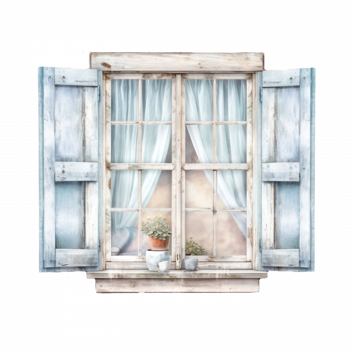 Mavi Panjurlu ve Perdeli Pencere Duvar Stickerı