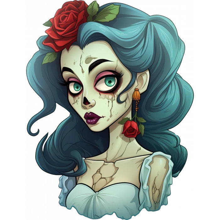 Mavi Saçlı Güllü Zombi Kız Duvar Stickerı
