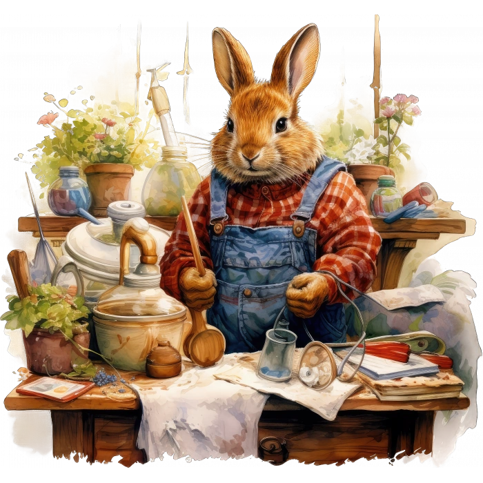 Mavi Tulumlu ve Ekose Gömlekli Tamirci Tavşan Duvar Stickerı