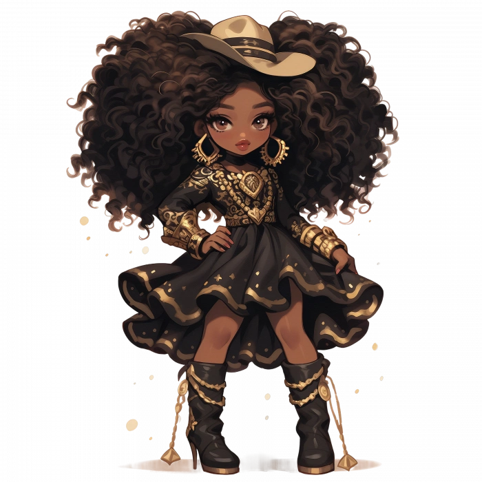 Mavi ve Altın Desenli Elbiseli Şapkalı Kovboy Kız Duvar Stickerı