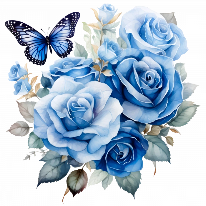 Mavi ve Beyaz Güller ile Kelebekler Duvar Stickerı