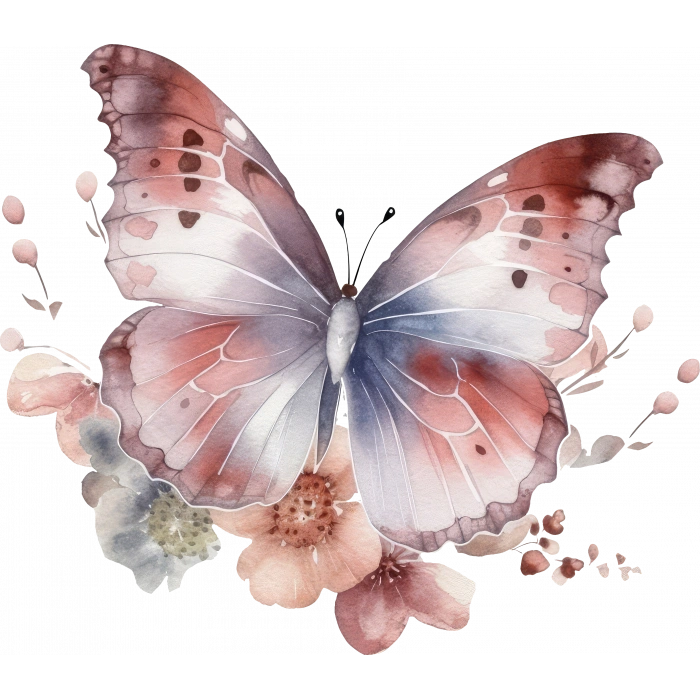 Mavi ve Pembe Kelebek ve Çiçekler Duvar Stickerı