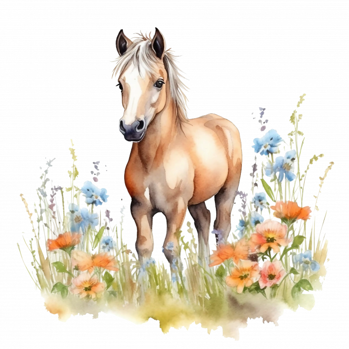 Mavi ve Turuncu Çiçekli At Yavrusu Duvar Stickerı