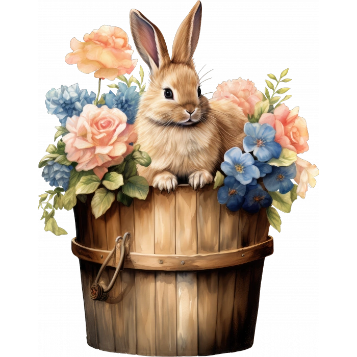 Mavi ve Turuncu Çiçekli Kovada Tavşan Duvar Stickerı