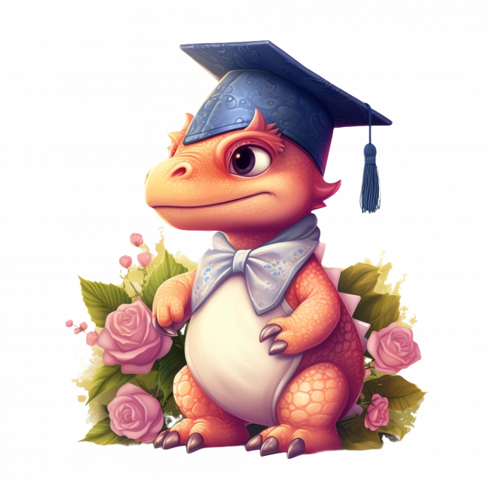 Mezuniyet Şapkalı Kırmızı Dinozor ve Pembe Güller Duvar Stickerı