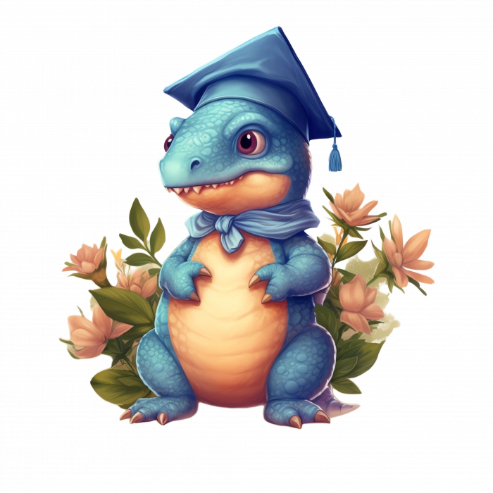 Mezuniyet Şapkalı Mavi Dinozor ve Çiçekler Duvar Stickerı
