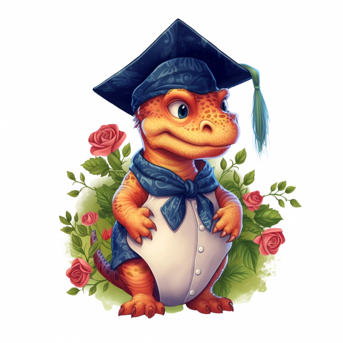 Mezuniyet Şapkalı Turuncu Dinozor ve Güller Duvar Stickerı