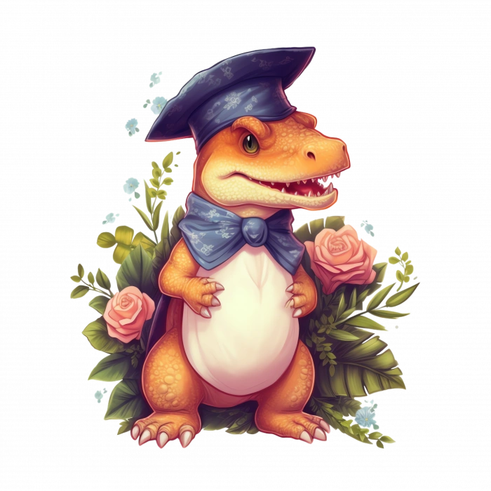 Mezuniyet Şapkalı Turuncu Dinozor ve Güller Duvar Stickerı