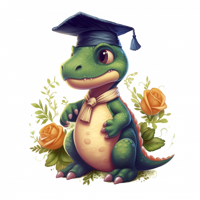 Mezuniyet Şapkalı Yeşil Dinozor ve Sarı Güller Duvar Stickerı