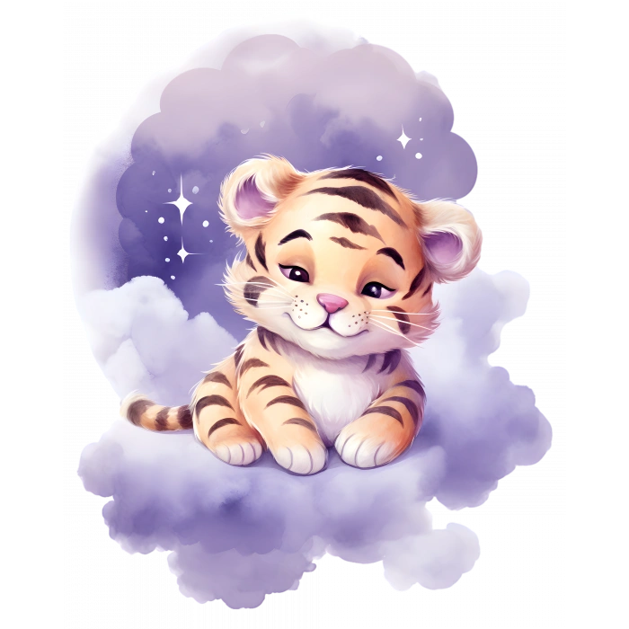 Mor Ay ve Bulut Üzerinde Oturan Sevimli Kaplan Yavrusu Duvar Çıkartması