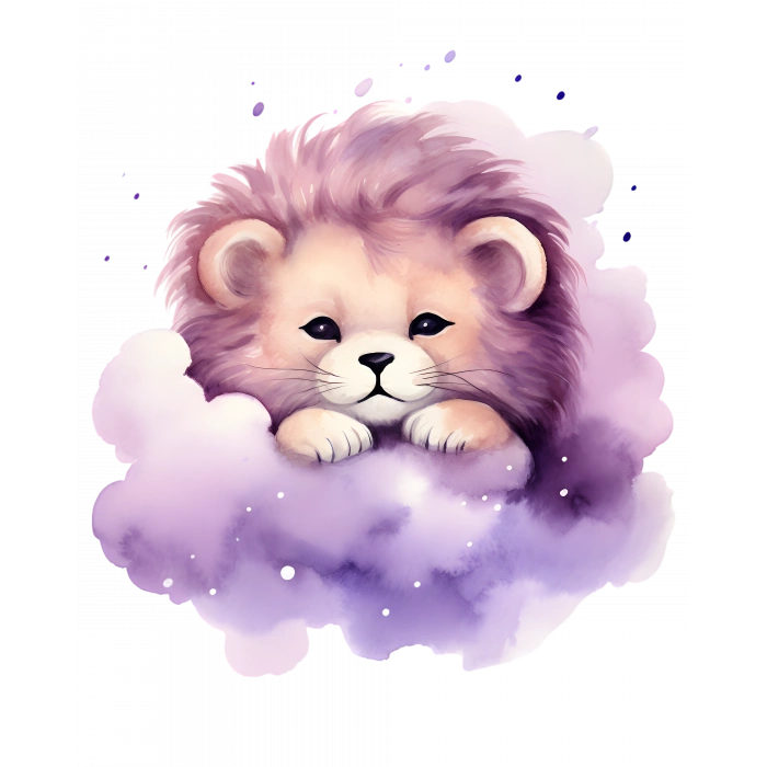 Mor Bulut Üzerinde Duran Mor Yeleli Sevimli Aslan Yavrusu Duvar Çıkartması