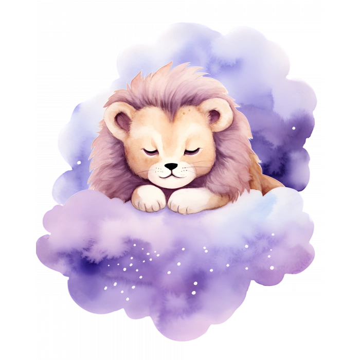 Mor Bulut Üzerinde Uyuyan Mor Yeleli Sevimli Aslan Yavrusu Duvar Çıkartması