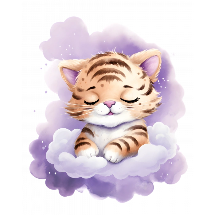 Mor Bulut Üzerinde Uyuyan Sevimli Kaplan Yavrusu Duvar Çıkartması