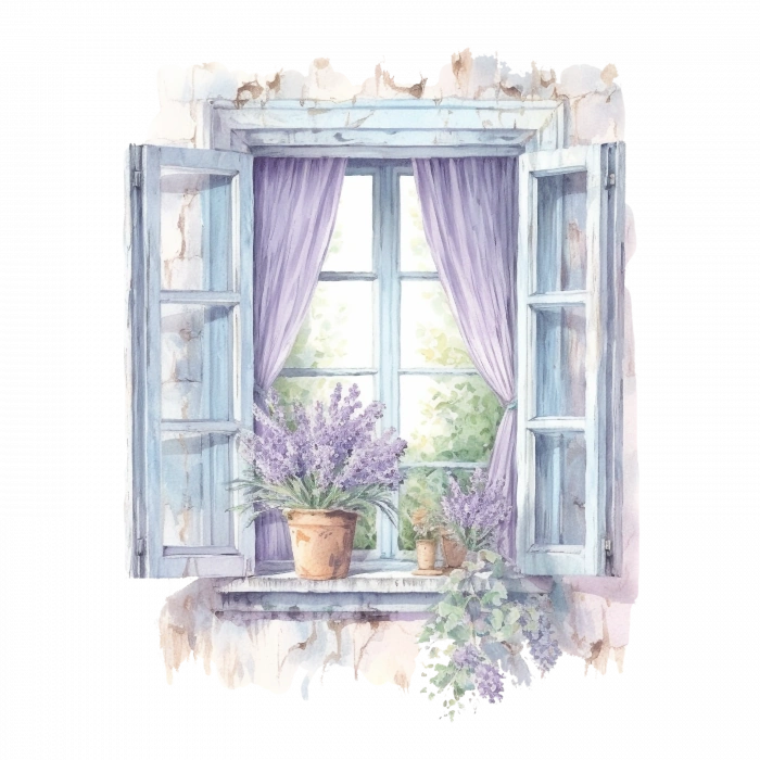 Mor Panjurlu ve Lavanta Saksılı Pencere Duvar Stickerı