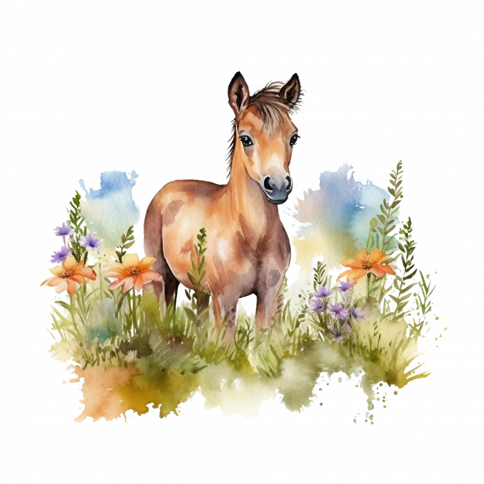 Mor ve Yeşil Çiçekli At Yavrusu Duvar Stickerı