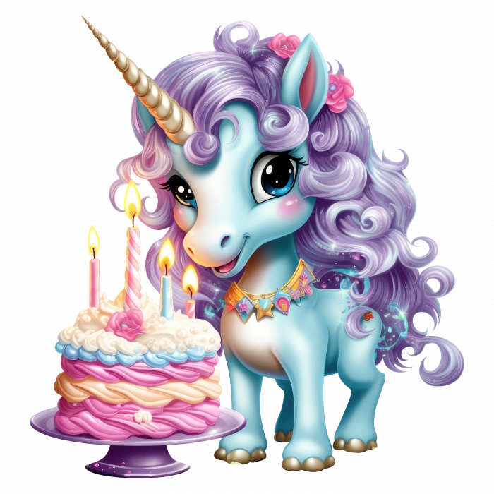 Mor Yeleli Doğum Günü Pastalı Unicorn Duvar Stickerı