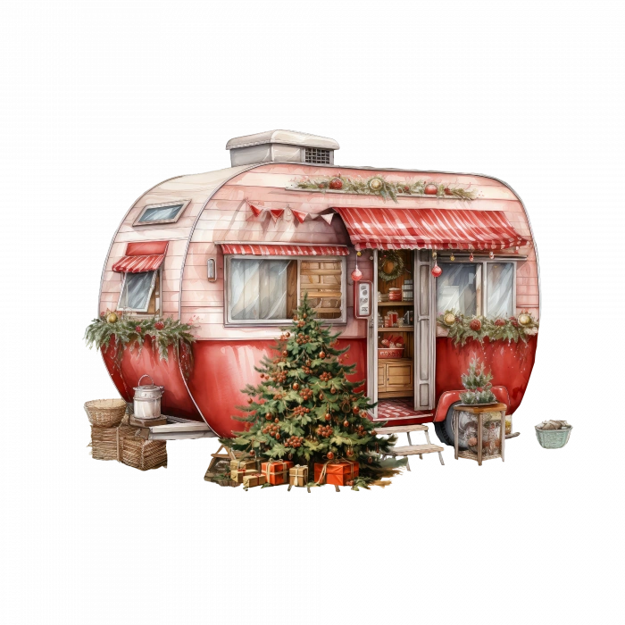 Noel Ağacı ve Hediyelerle Süslü Kırmızı Karavan Duvar Çıkartması