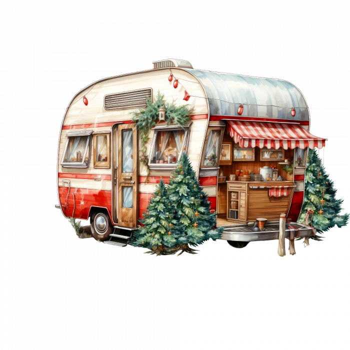 Noel Ağaçları ve Kırmızı Tenteli Karavan Duvar Çıkartması