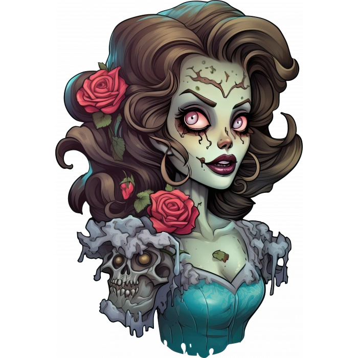 oyu Saçlı Gül ve Kafataslı Zombi Kız Duvar Stickerı
