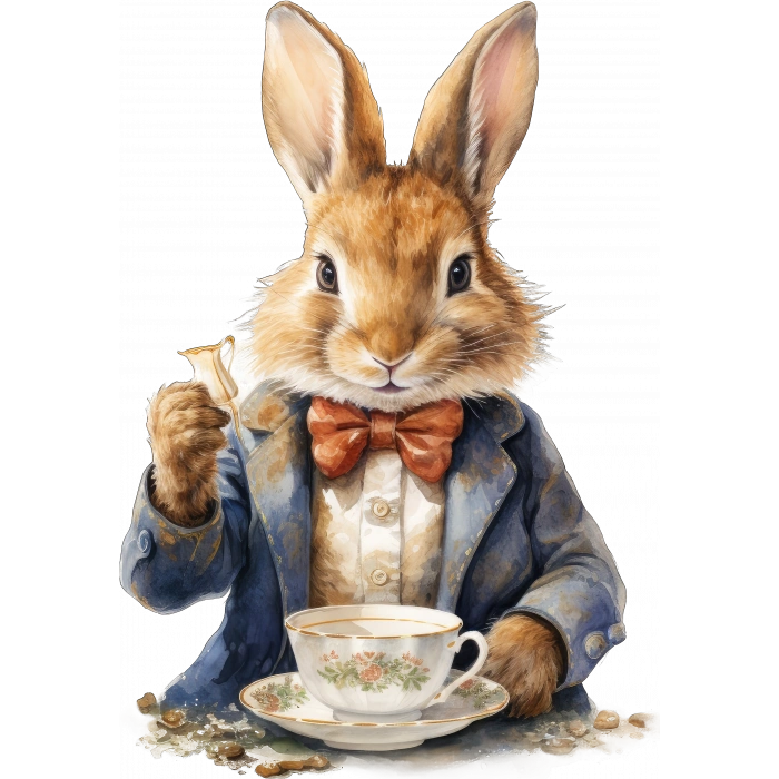 Papyonlu Tavşan ve Çay Fincanı Duvar Stickerı - Kırmızı Papyonlu