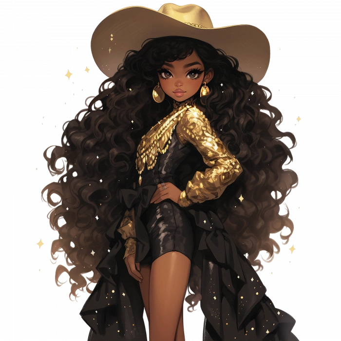 Parlak Altın Fırfırlı Elbiseli Kovboy Kız Duvar Stickerı