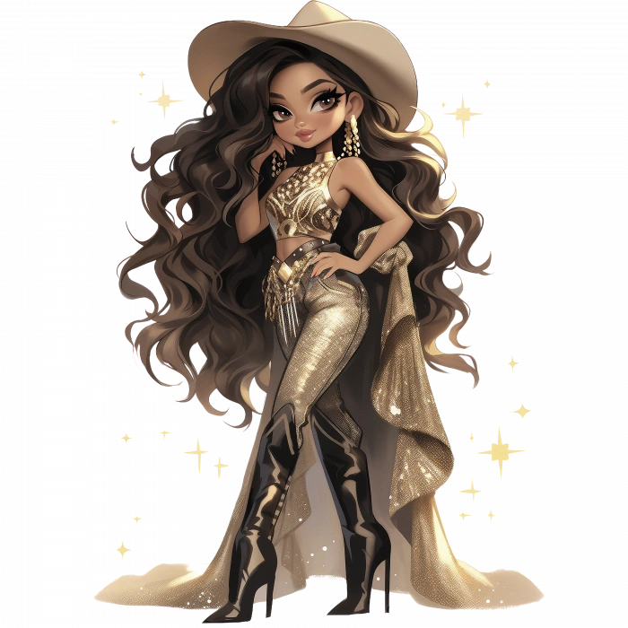 Parlak Altın Pantolonlu ve Şapkalı Kovboy Kız Duvar Stickerı